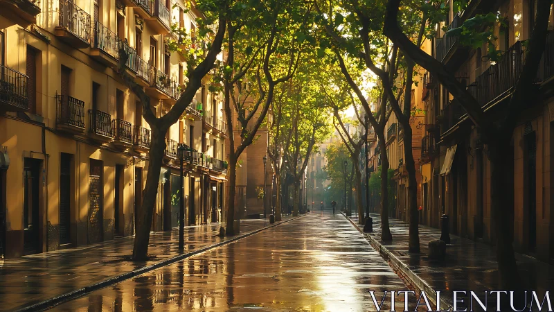 Sunlit European boulevard after rain with reflective pavement.