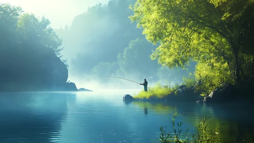 Solitary angler in misty emerald riverside glow at dawn.