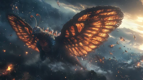 Colossal glowing moth kaiju over smoky battlefield sky.