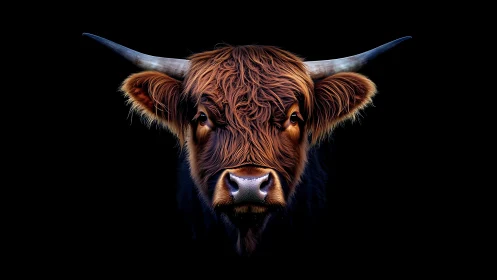 Highland cow portrait isolates detailed fur texture on black