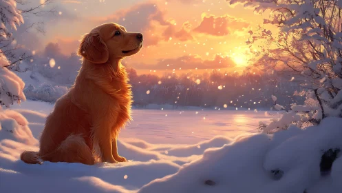 Snowlit golden retriever quietly studies a winter sunset