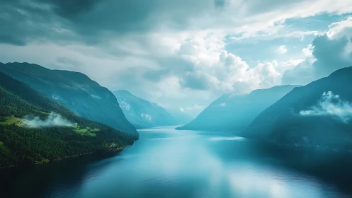 Panoramic glacial fjord under moody atmospheric perspective