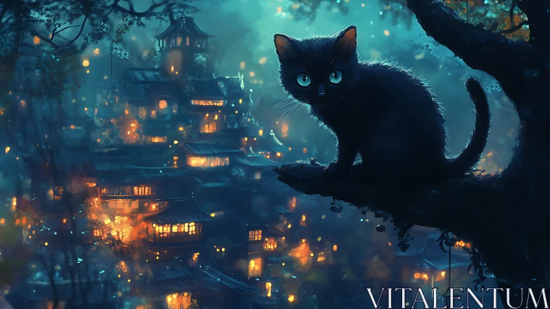 Black Cat with Glowing Eyes Watches Enchanted Forest City.