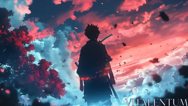 Backlit swordsman silhouette against dual-tone volumetric clouds