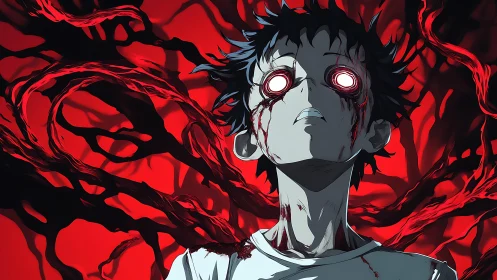Possessed anime boy with glowing eyes and dynamic arterial tendrils