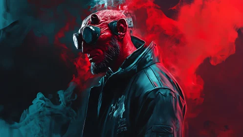 Stoic neon wanderer in swirling red and teal smoke.