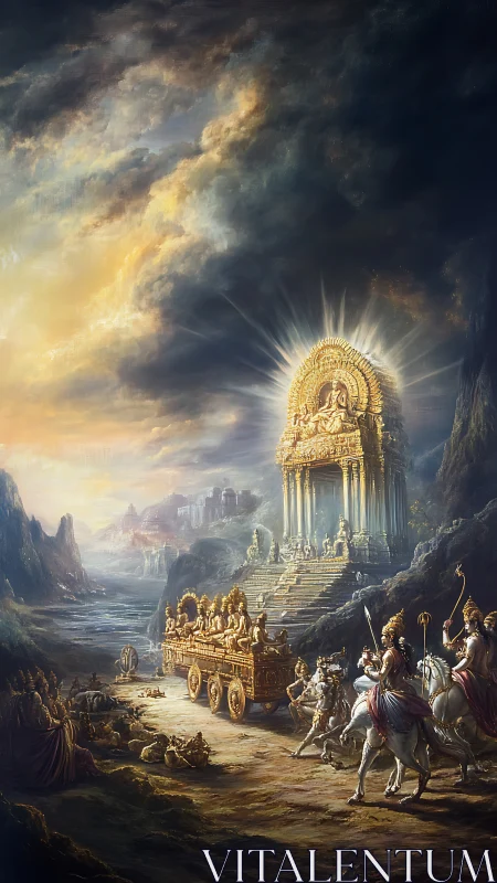 Radiant celestial temple and golden chariot in misty valley.