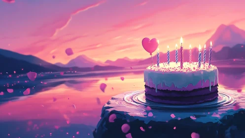 Birthday Cake with Lit Candles in Surreal Pink Landscape