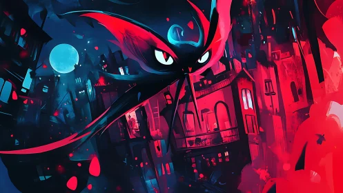Nocturnal winged figure over stylized red blue cityscape.