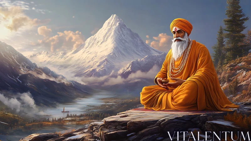 Mountain mystic in saffron robes beside luminous river.