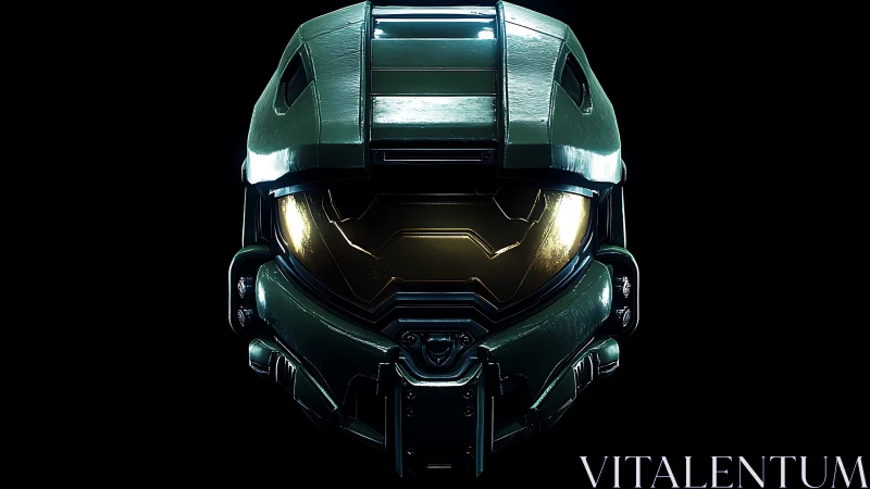 Green sci fi combat helmet with gold visor on black