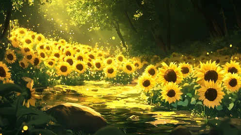Sunlit sunflower stream winding through tranquil forest.