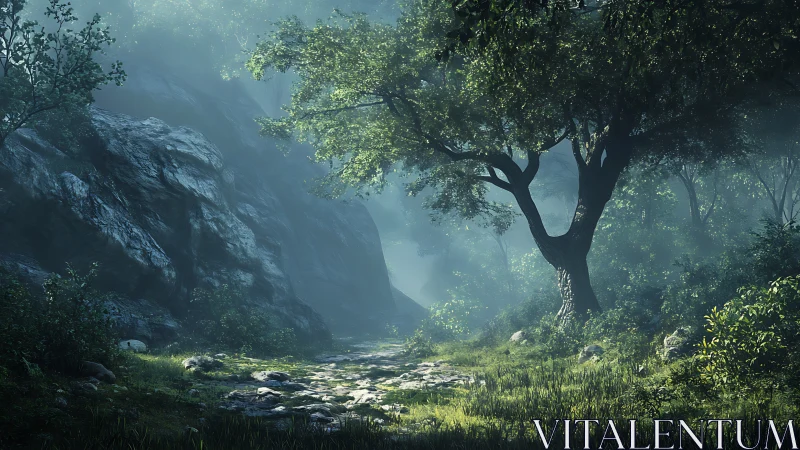 Mystic Valley: Ancient Tree Among Stone Cliffs.