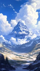 Snow-covered peak rises above valley under cumulus clouds