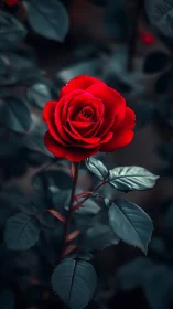 Vivid Red Rose Blooming Against Dark Foliage.