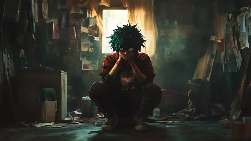 Brooding green haired youth in dim painterly urban room.