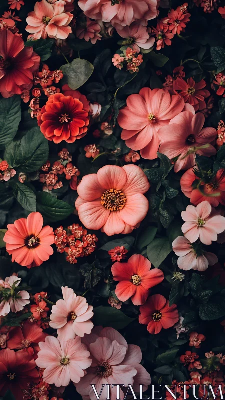 Layered Garden: Dahlias and Cosmos Against Dark Foliage.