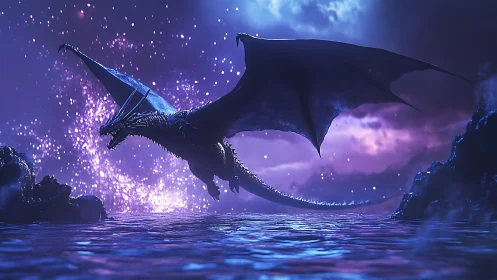 Midnight dragon soaring over a sparkling enchanted sea.