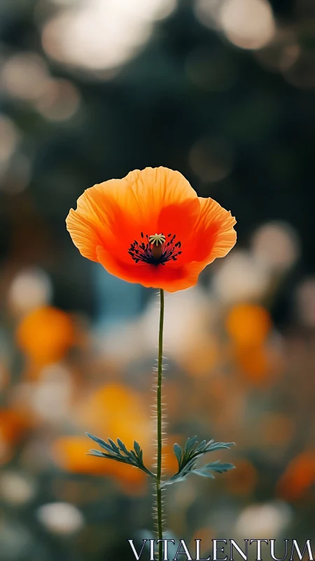 Sunny orange poppy standing tall in a dreamy soft-focus garden.