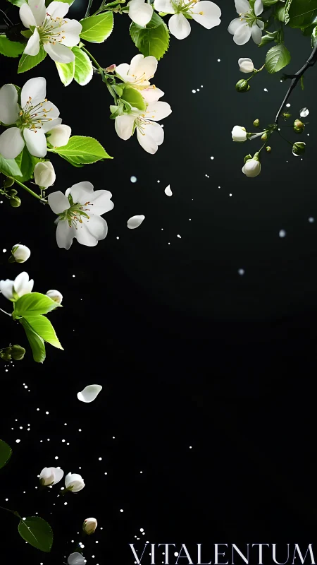 Spring's Delicate Dance Against Obsidian Void and Falling Petals