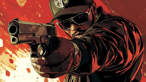 Gunman in blazing red standoff, stylized urban intensity.