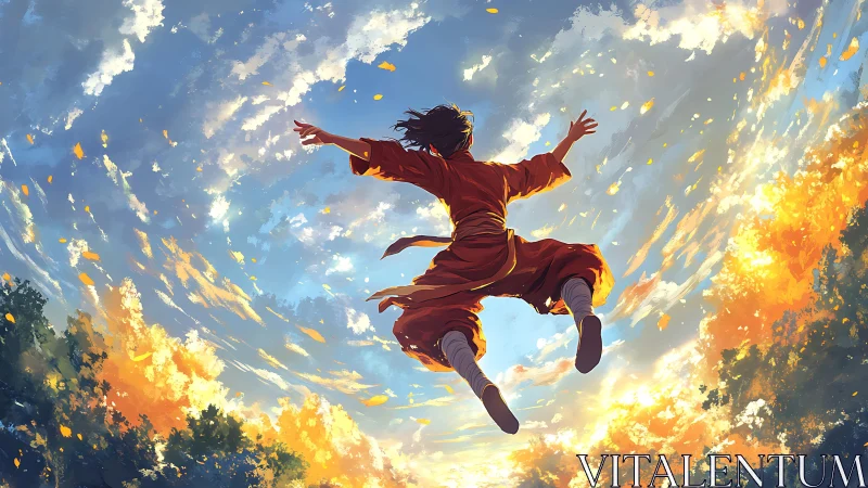 Figure suspended midair against illuminated cloudscape sky.