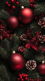 Red ornaments and pine branches form rich Christmas wreath.