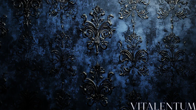 Dark blue damask wall with embossed ornamental pattern.