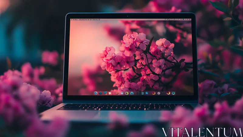 Laptop amid blooming pink flowers with dreamy bokeh glow.