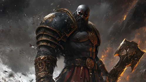 Armored warrior with axe in fiery, smoke-filled landscape.