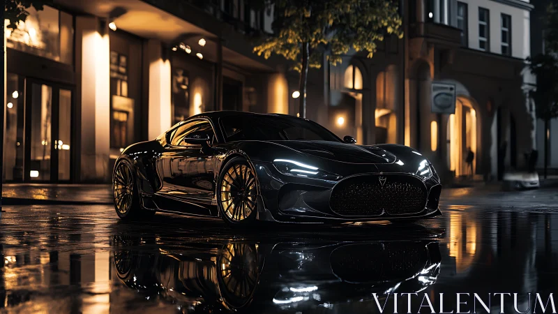 Black sports car reflects on wet city street at night