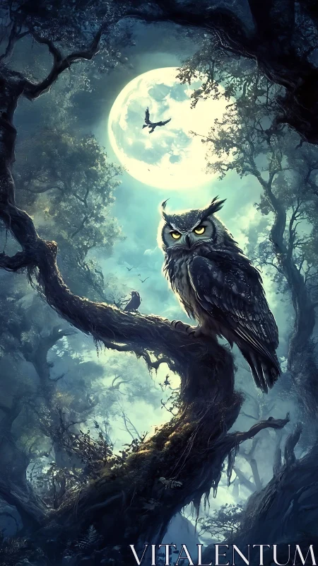 Moonlit owl sentinel over misty enchanted forest canopy.