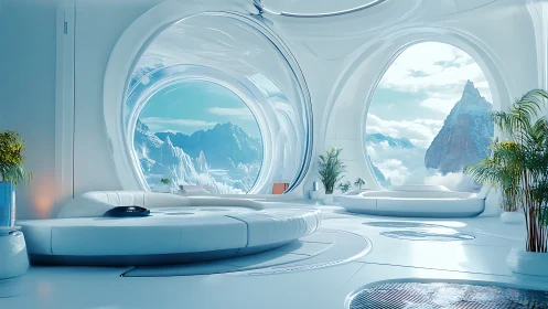 Futuristic Alpine Interior with Panoramic Mountain Vistas Through Curved Windows