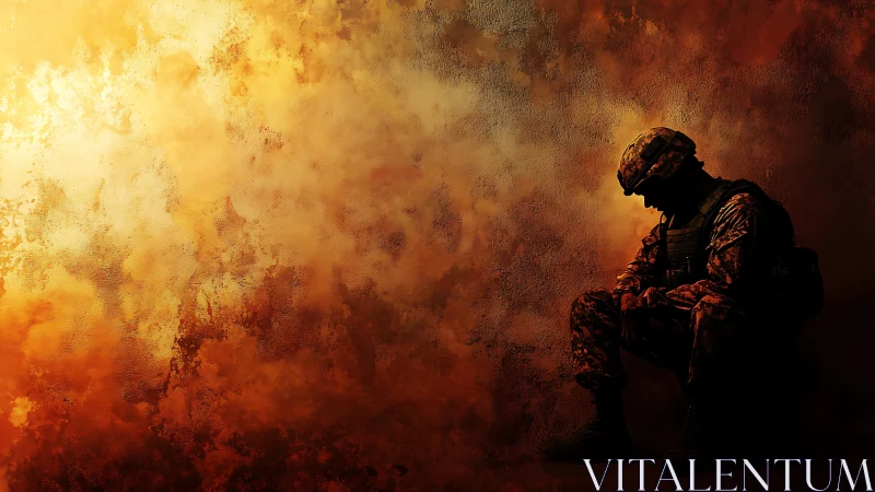 Silhouetted soldier rests against textured, burning light field