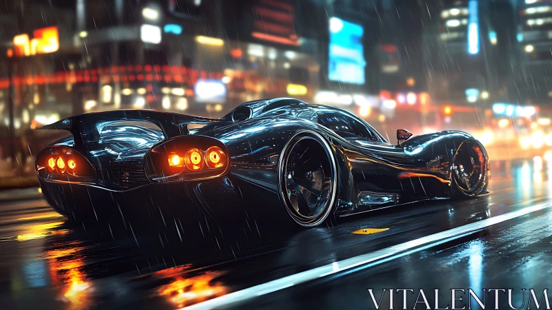 Sleek futuristic supercar glowing on a rainy neon city street.