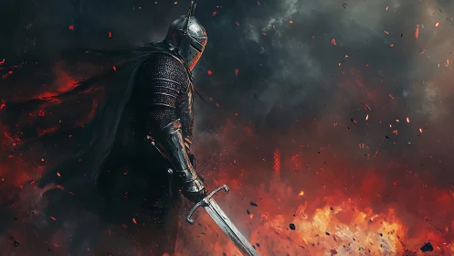 Steel-clad ember knight pausing above a storm of fire.