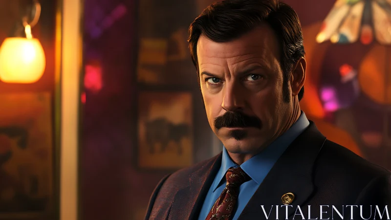 Stoic mustached detective glows in neon bar hush.