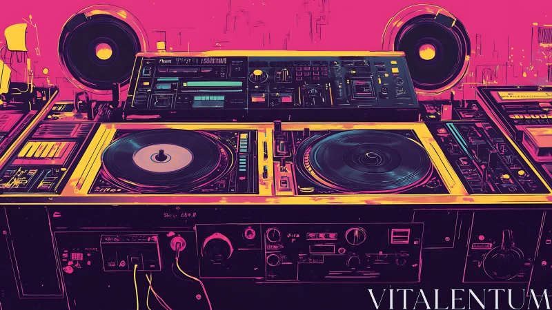 DJ mixing console shows dual turntables and control panels