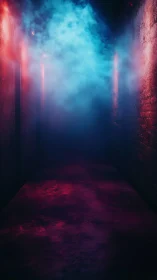 Moody neon hallway wrapped in swirling red and blue fog.
