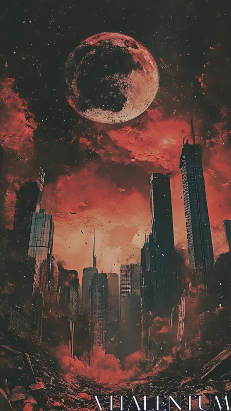 Ruined high rise city under enlarged red-tinted moonscape.
