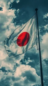 Japanese national flag hangs from pole against cloudy sky