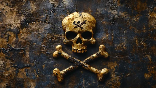 Gilded pirate skull emblem on weathered midnight metal wall.