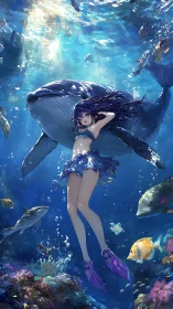 Diver and whale rendered in stylized underwater anime scene