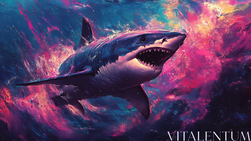 Neon cosmic shark explodes through swirling electric waves