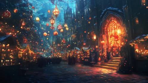 Midwinter lantern market glowing beneath a storybook sky.