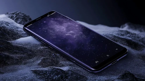 Black smartphone on dark frosted rocks with starry display.