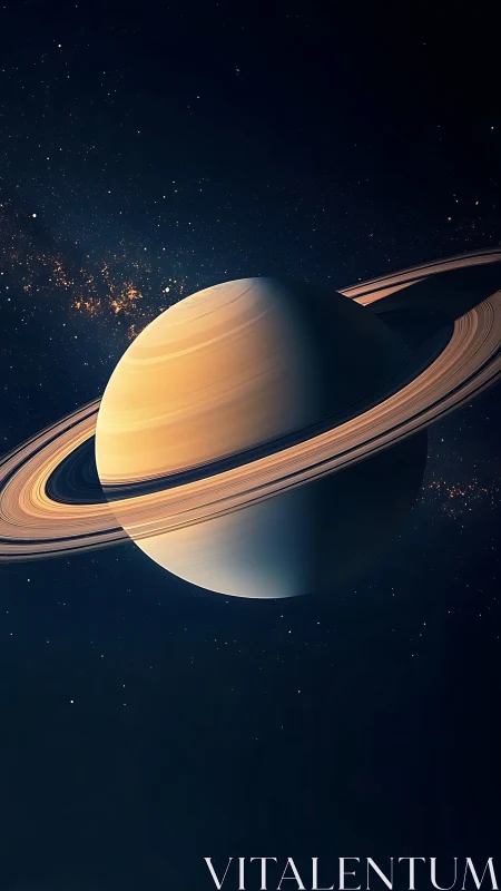 Ringed planet in deep space with detailed illuminated rings.