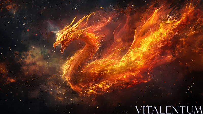 Fiery phoenix dragon curves across dark cosmic void