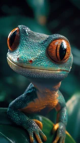 Close-up 3D render of stylized gecko on green foliage.