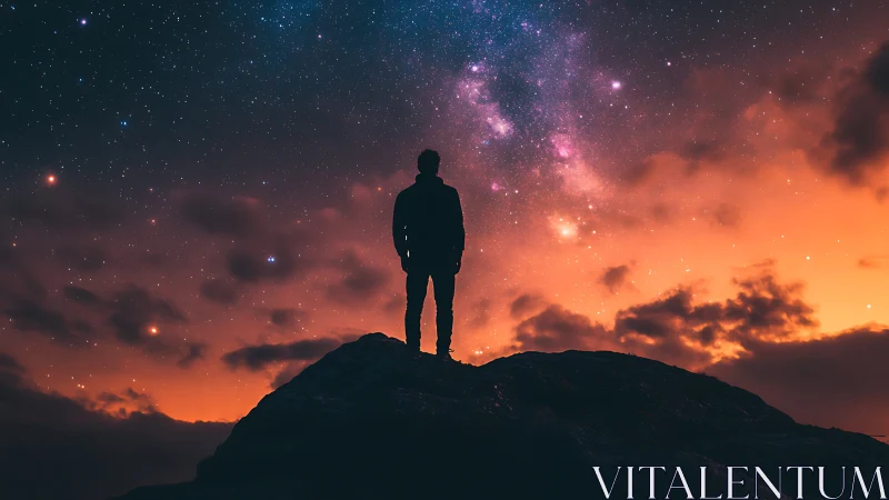 Quiet stargazer on a glowing cliff under cosmic skies.